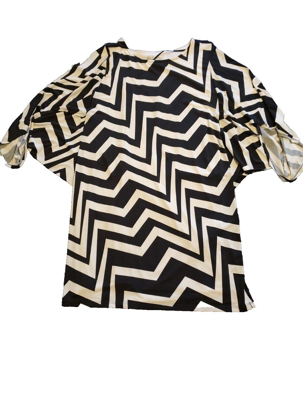 Sandra Darren Blouse 8 Black White Chevron 70s Retro Top Slit Sleeve Boho Glam